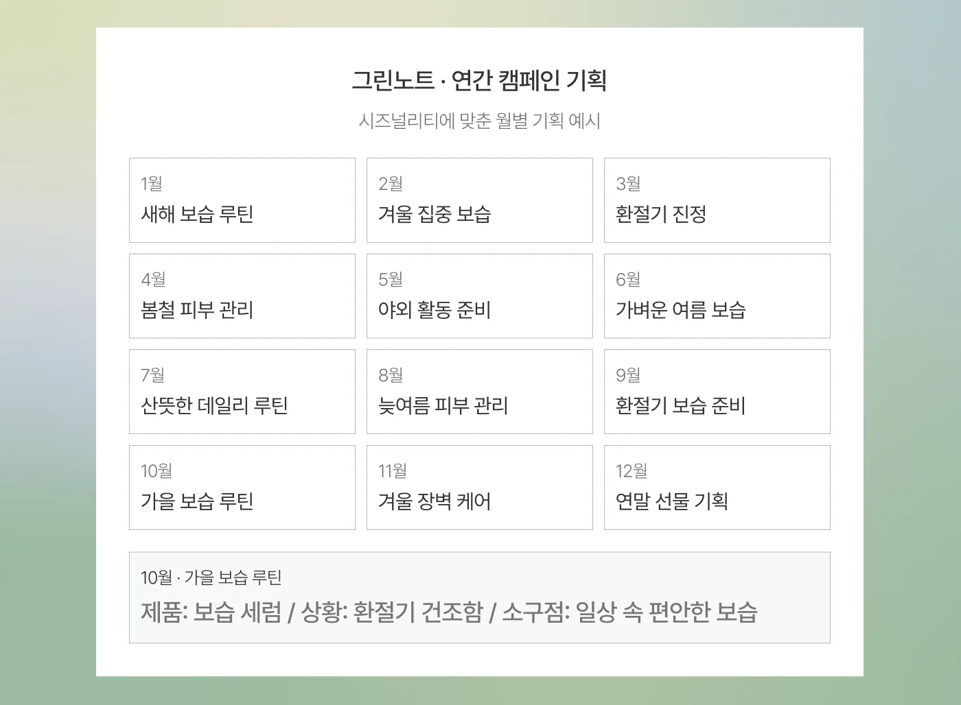 연간 캠페인 기획 예시: 1월 새해 보습 루틴부터 12월 연말 선물 기획까지 월별 주제